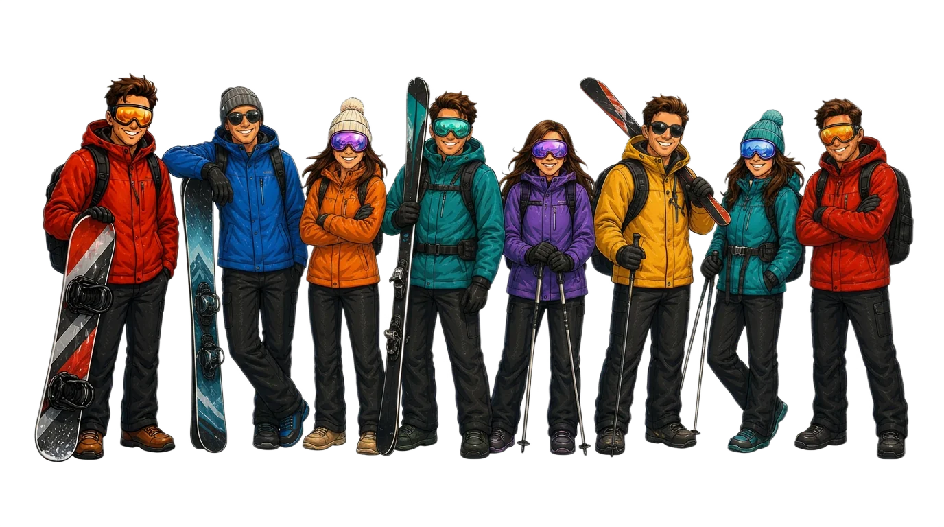 Skiers and snowboarders lined up in front of the mountain
